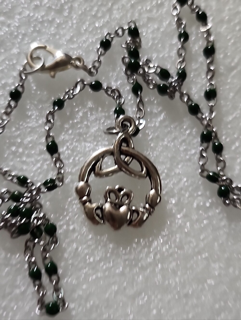 Hand Crafted Silver Claddagh Pendant with Dark Green Beaded Chain